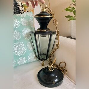 VTG Black Gold Brass Hanging Lantern Pendant Lamp Glass Panels Mid Century